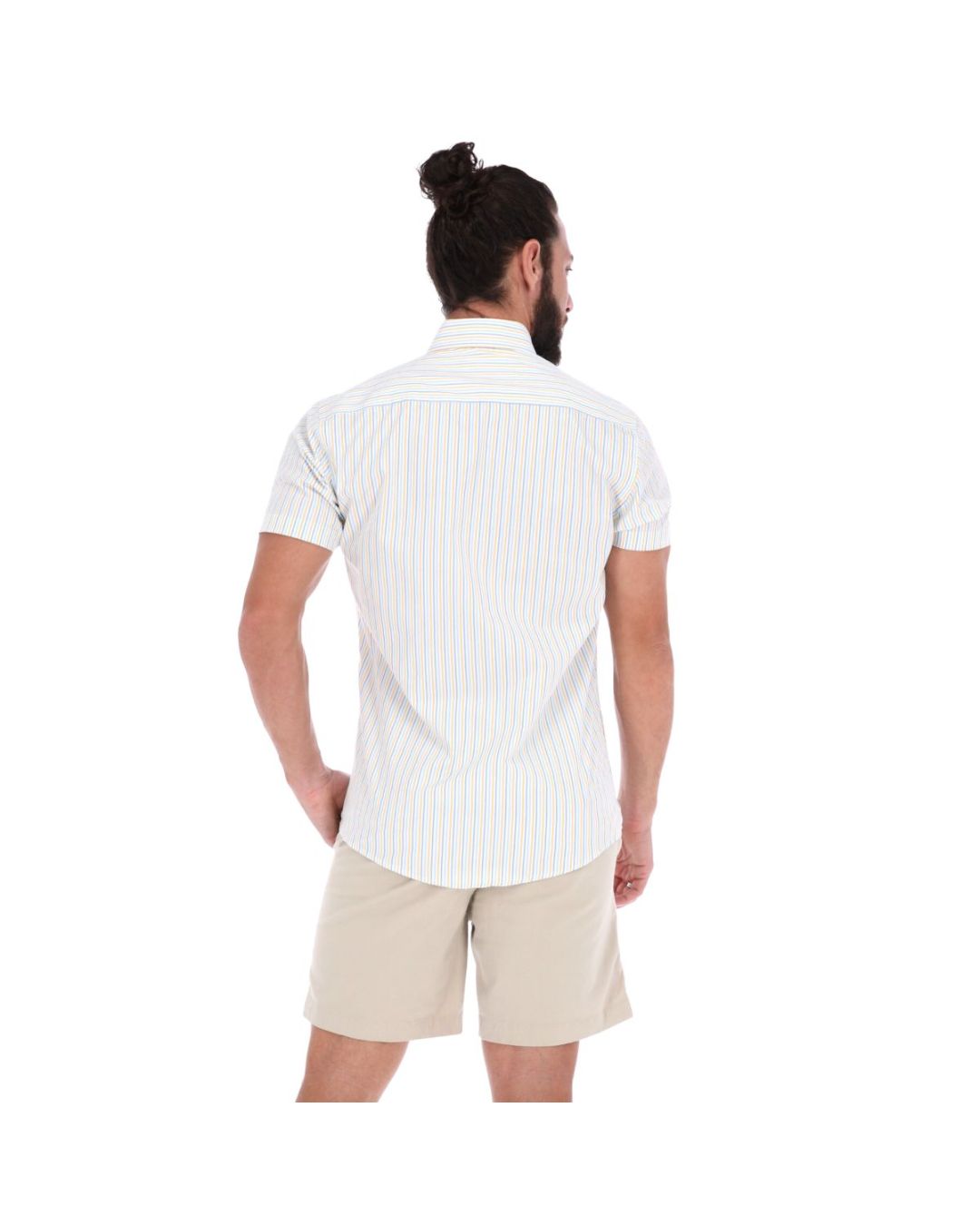 Men's Stripes Short Sleeve Button Down Shirt White Yellow & Blue
