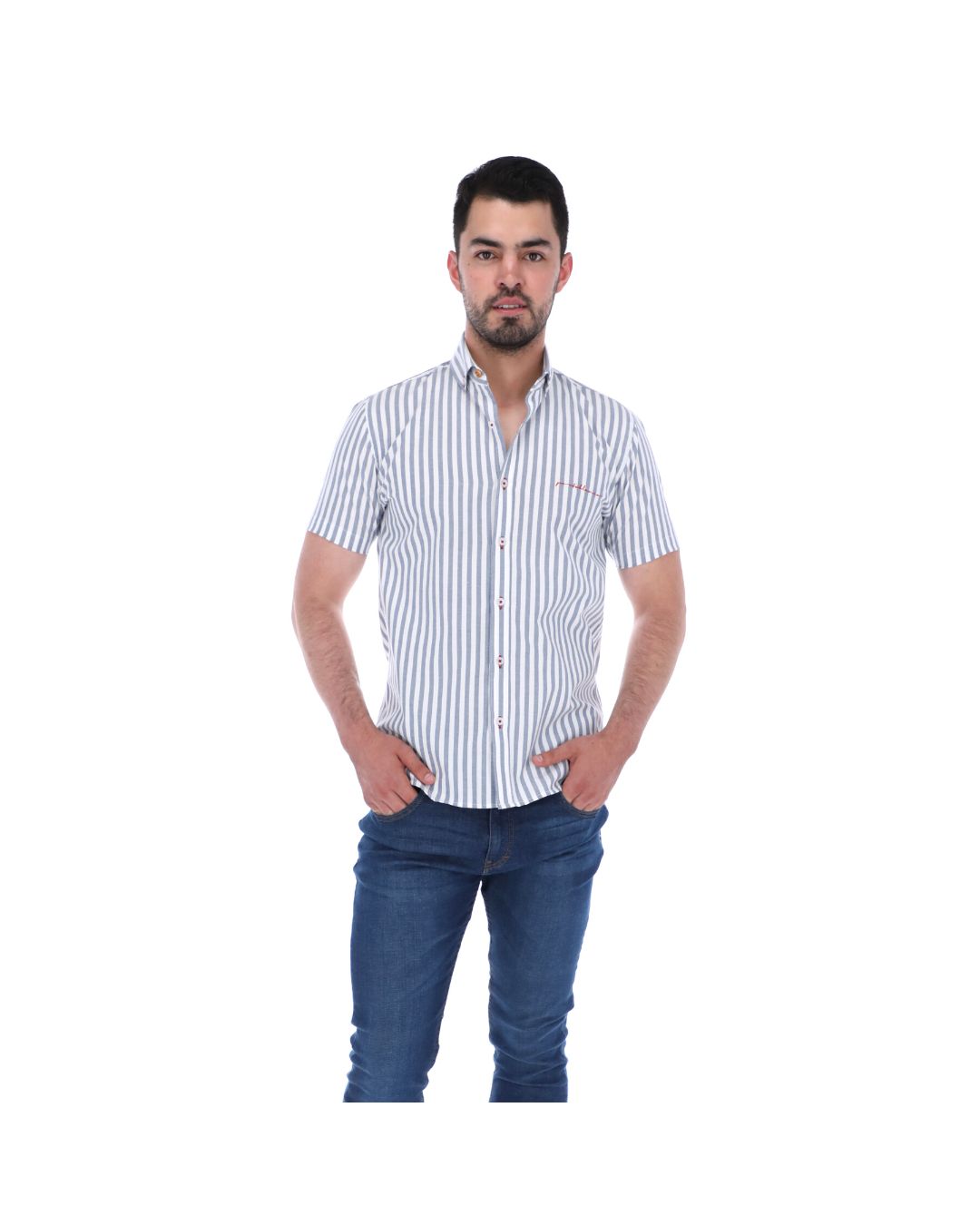 Men's Stripes Short Sleeve Button Down Shirt White & Grey