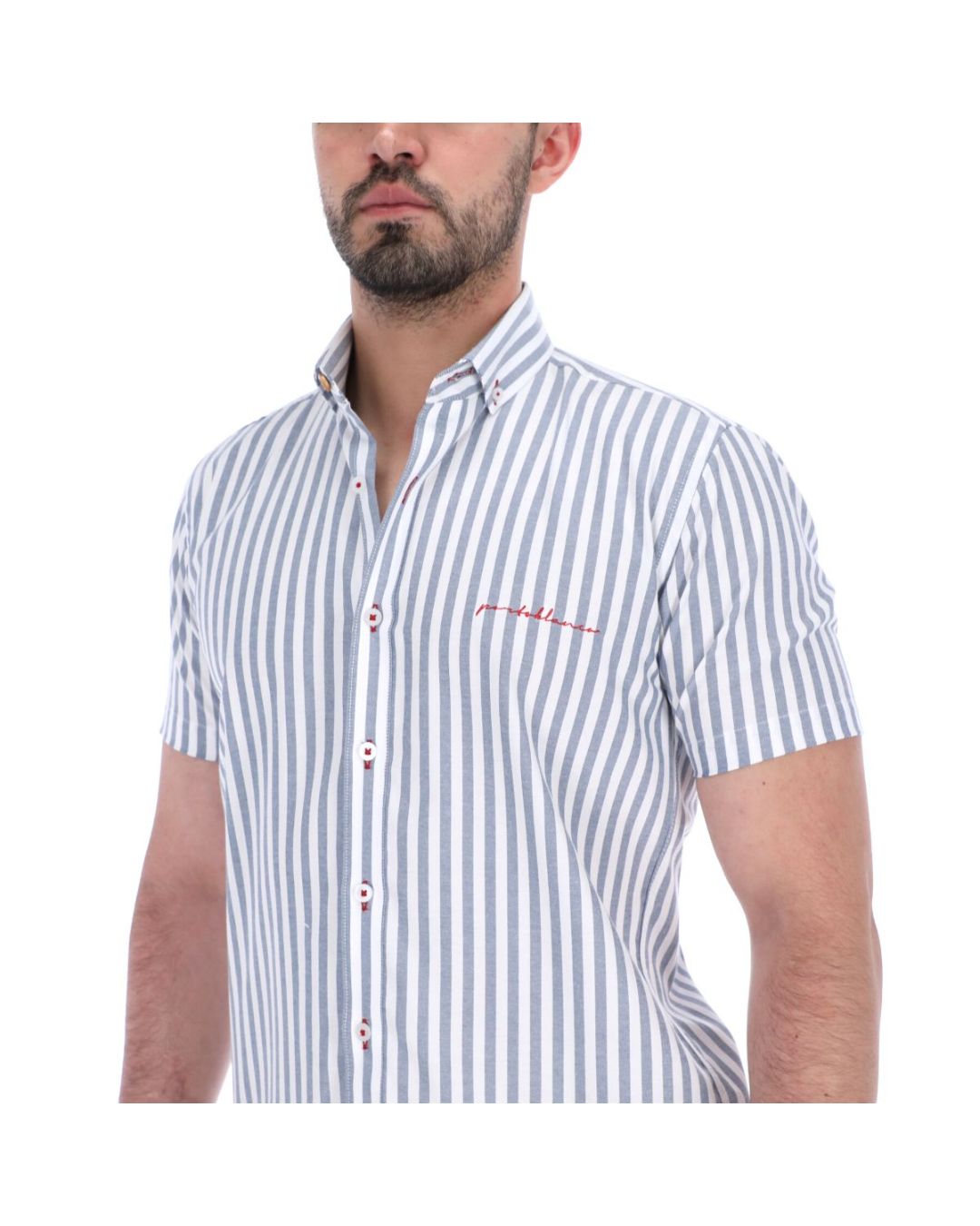 Men's Stripes Short Sleeve Button Down Shirt White & Grey