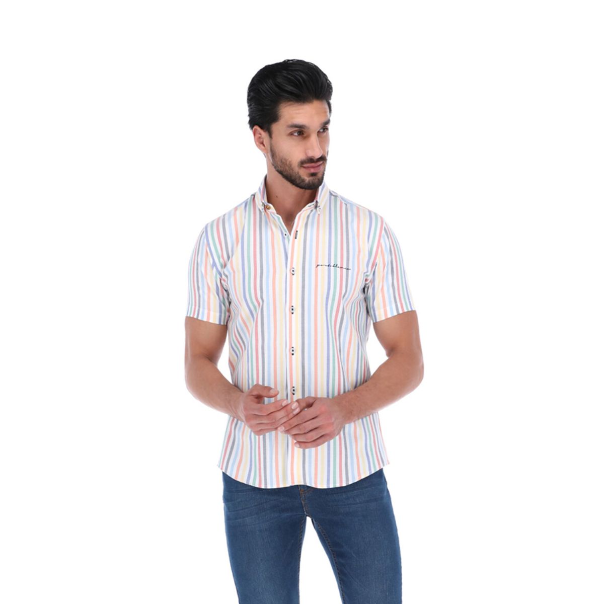 Men's Stripes Short Sleeve Button Down Shirt Multi Colored