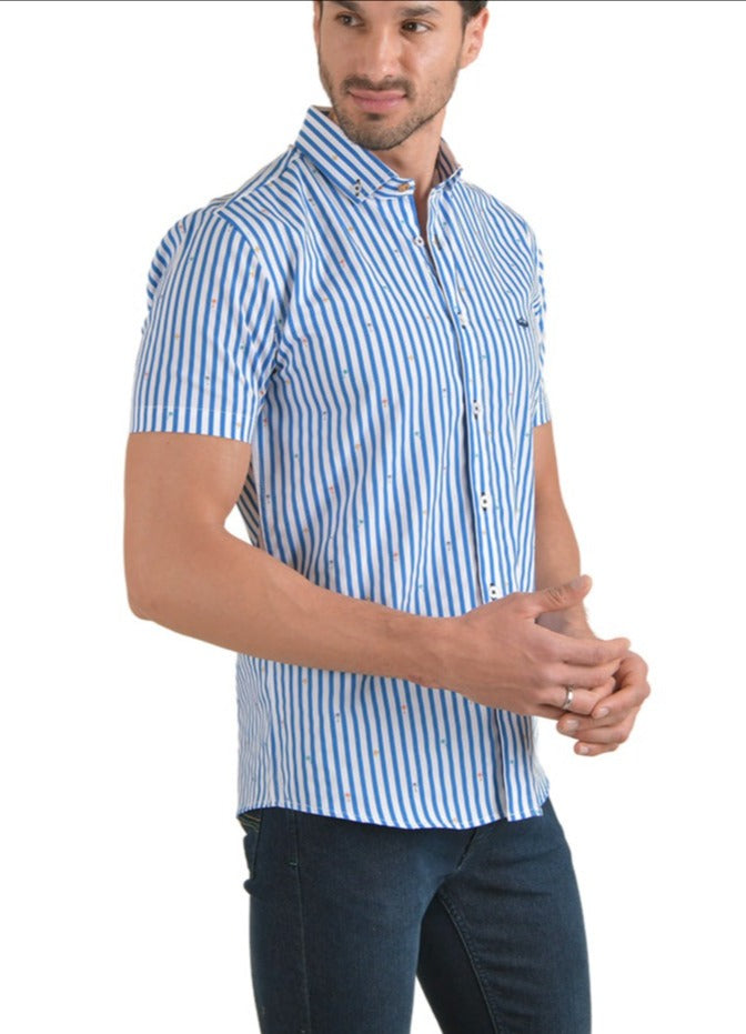 Men's Stripes Short Sleeve Button Down Shirt White & Blue