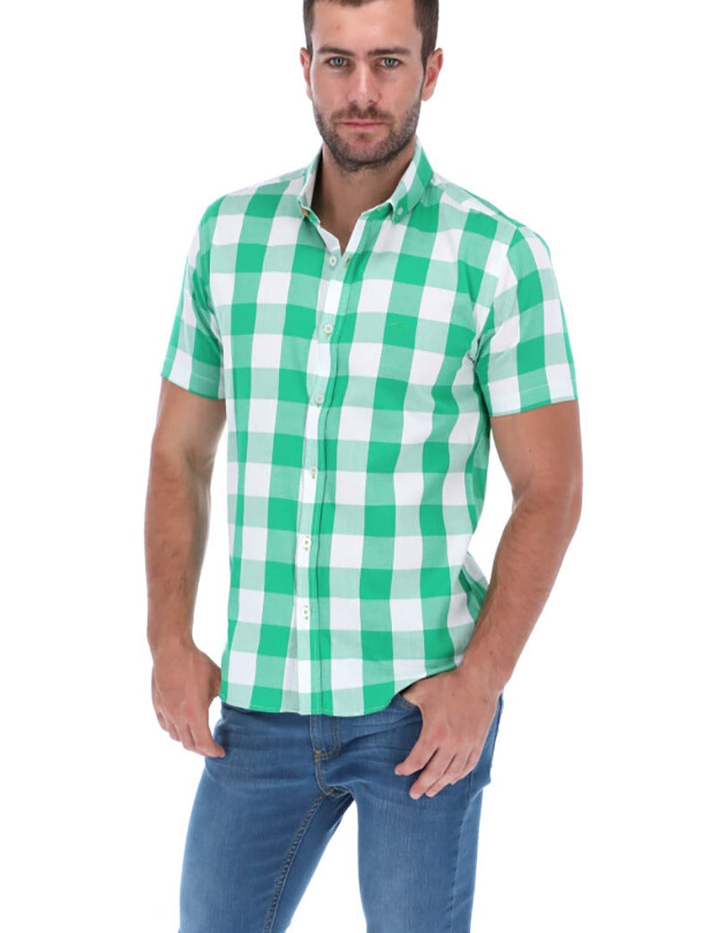 Men's Checkered Short Sleeve Button Down Shirt Green & White