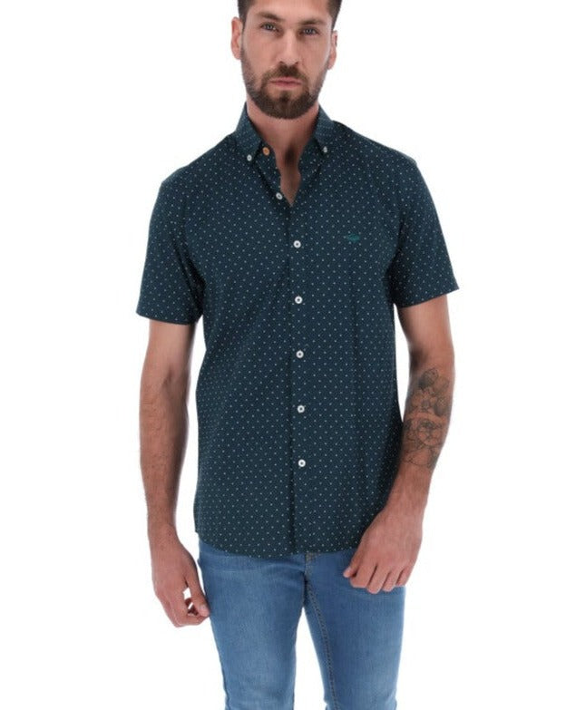 Men's Dots Short Sleeve Classic Button Down Shirt Dark Green & White | Porto Blanco