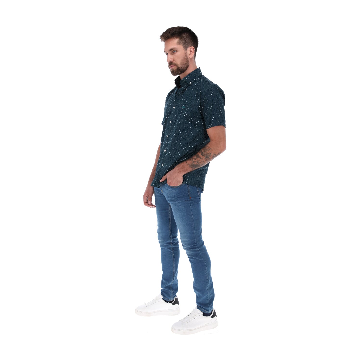 Men's Dots Short Sleeve Classic Button Down Shirt Dark Green & White | Porto Blanco