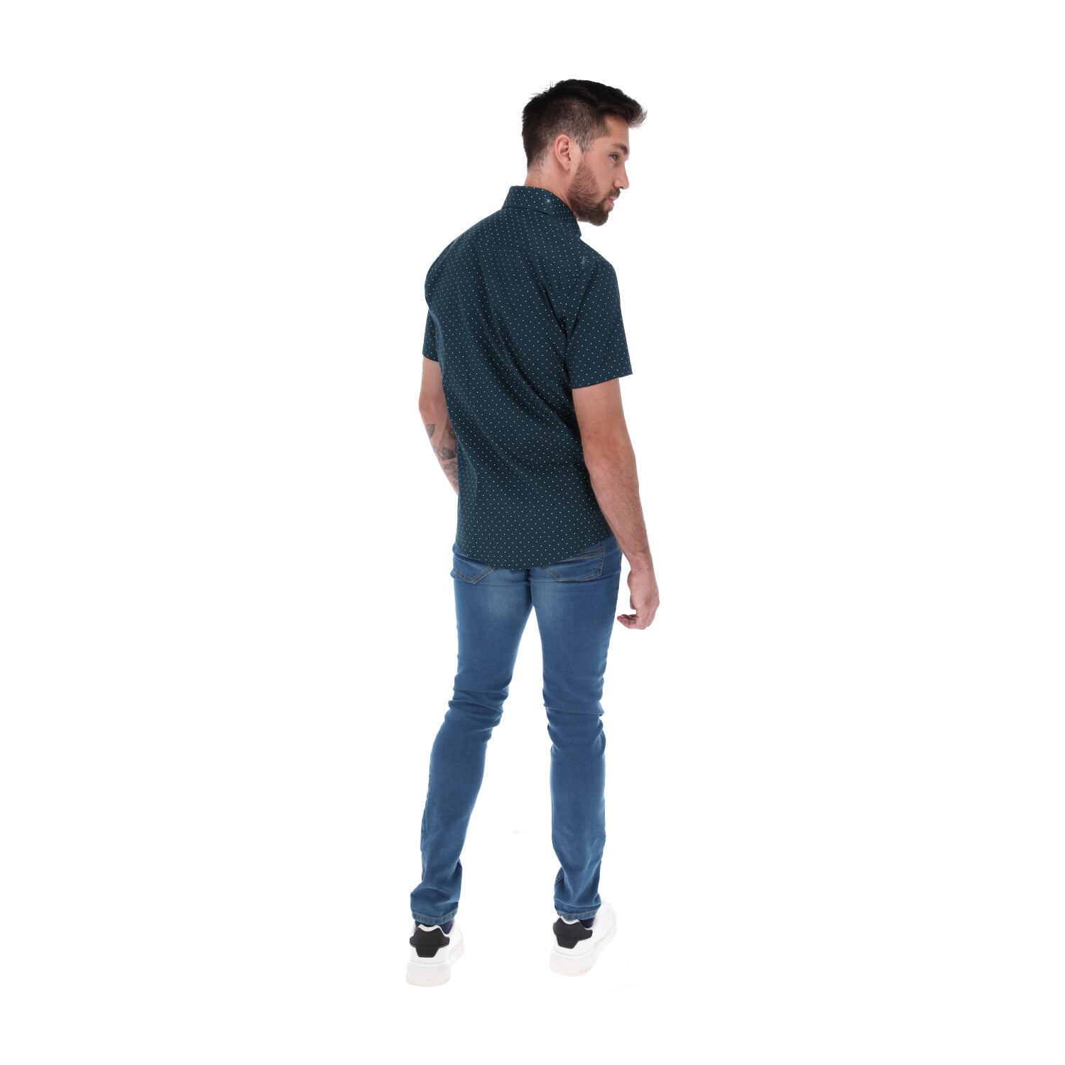 Men's Dots Short Sleeve Classic Button Down Shirt Dark Green & White | Porto Blanco