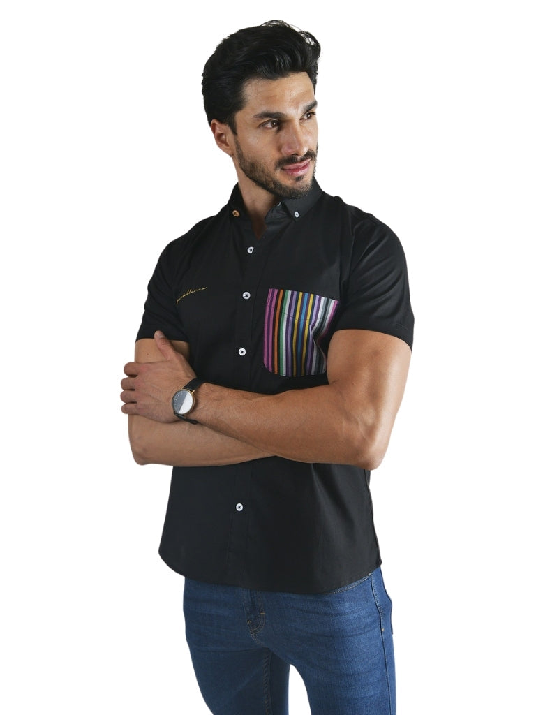 Men's Solid Short Sleeve Button Down Shirt Black Pink & Yellow