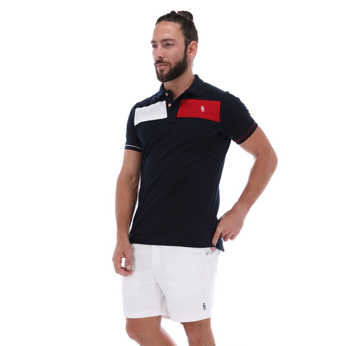 Men's Patchwork Short Sleeve Polo Shirt Blue Red & White