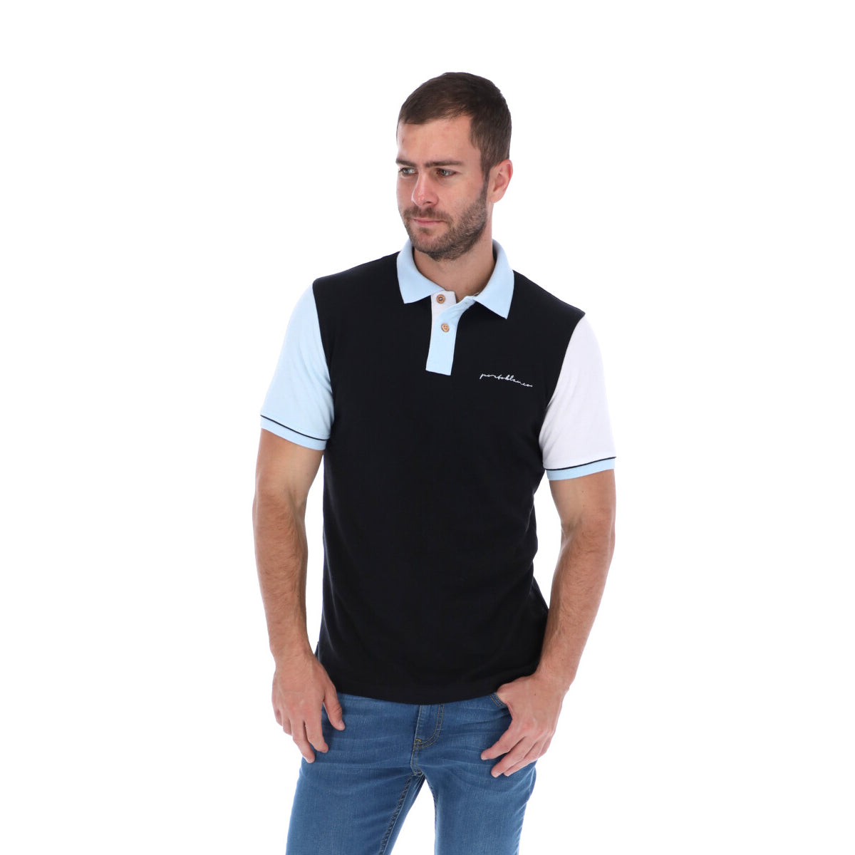 Men's Patchwork Short Sleeve Polo Shirt Blue & White