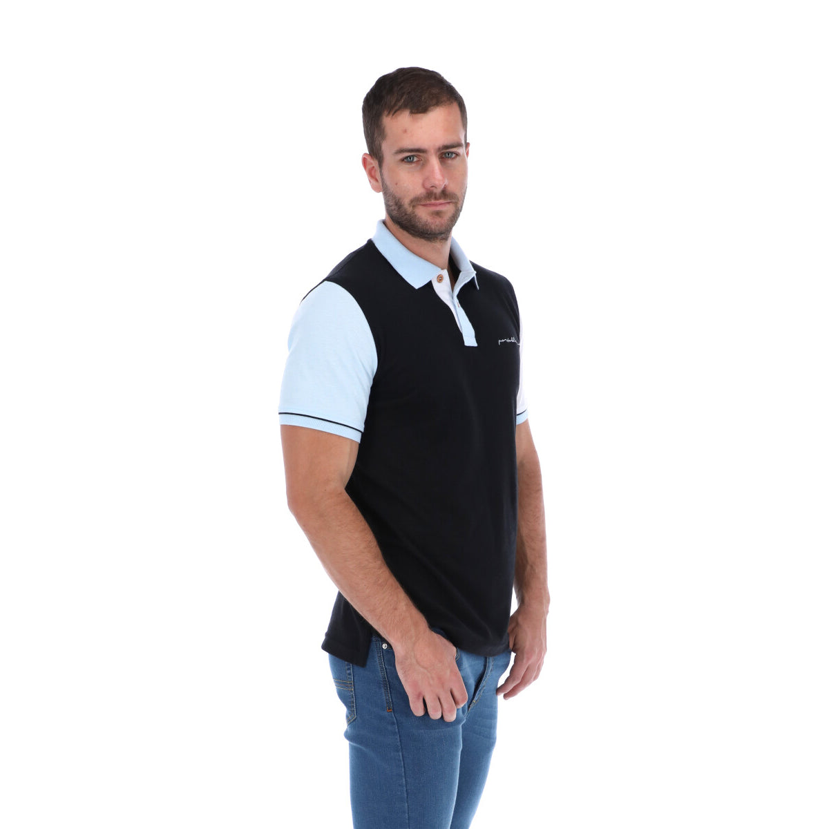 Men's Patchwork Short Sleeve Polo Shirt Blue & White