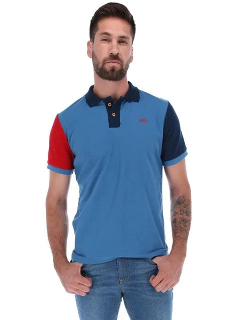 Men's Patchwork Short Sleeve Polo Shirt Blue & Red | Porto Blanco