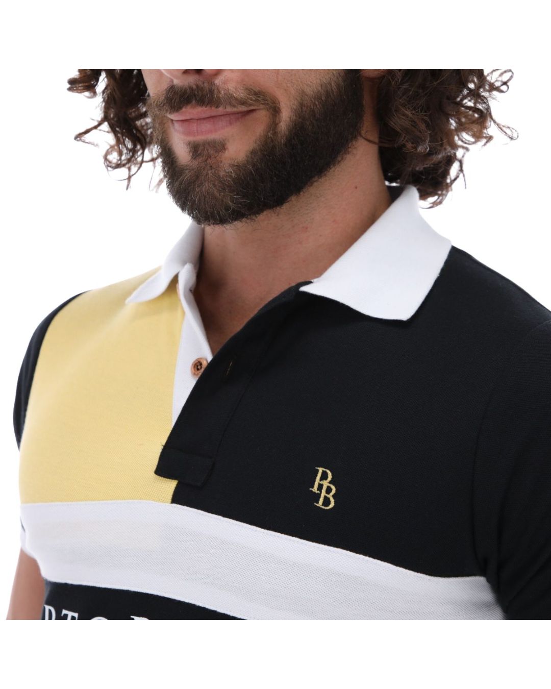 Men's Patchwork Short Sleeve Polo Shirt Black White & Yellow