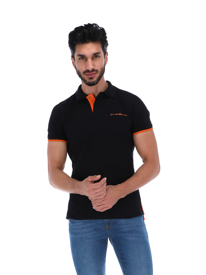 Men's Solid Short Sleeve Polo Shirt Black & Orange