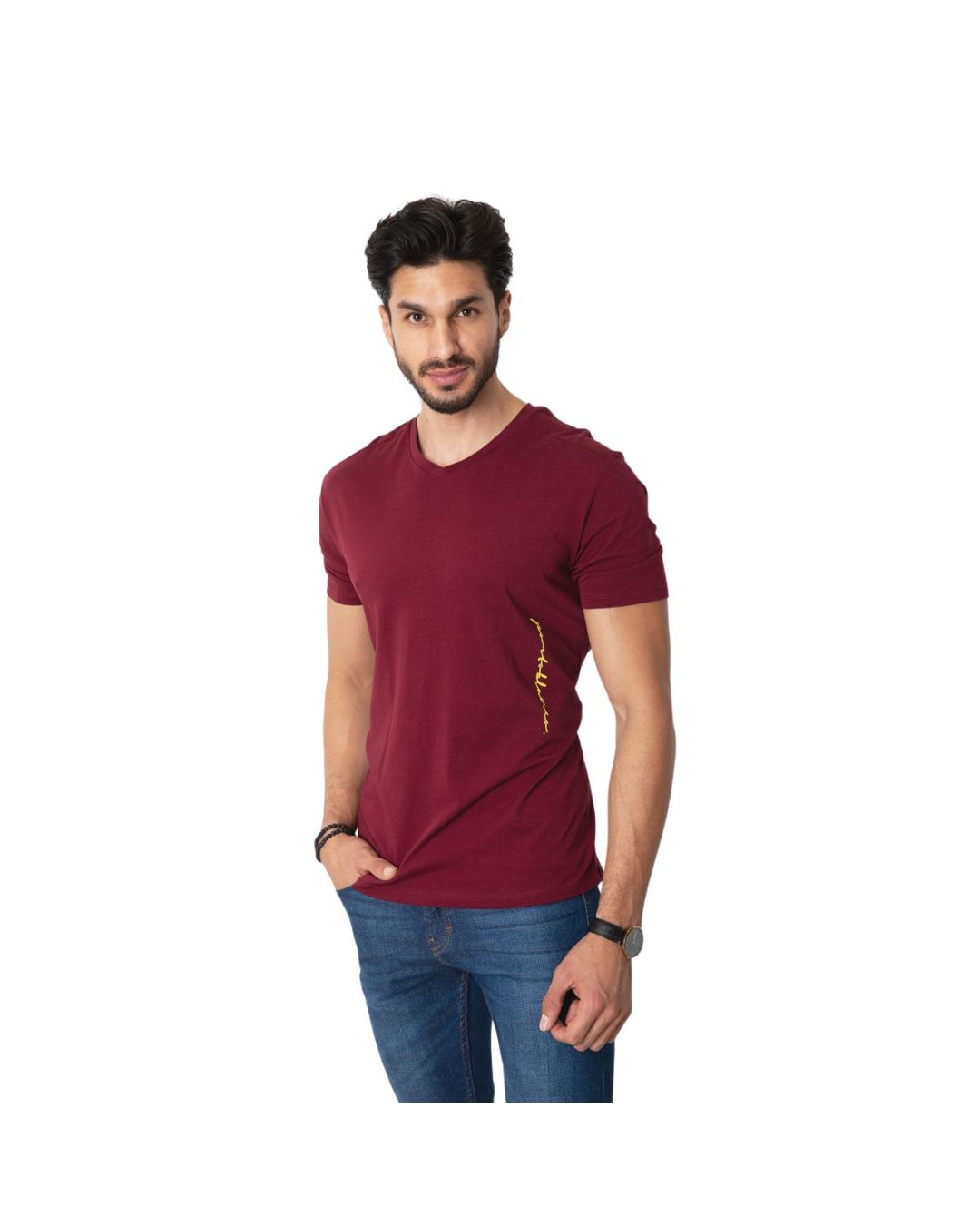 Men's Solid Short Sleeve V-Neck T-Shirt Burgundy