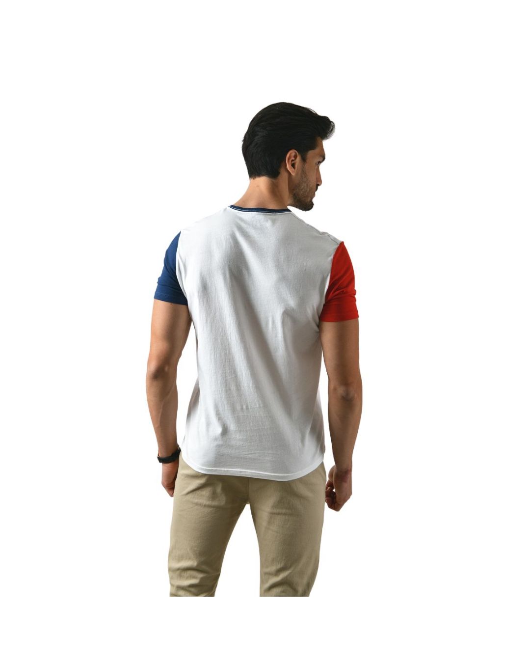 Men's Patchwork Short Sleeve V-Neck T-Shirt White Blue & Red
