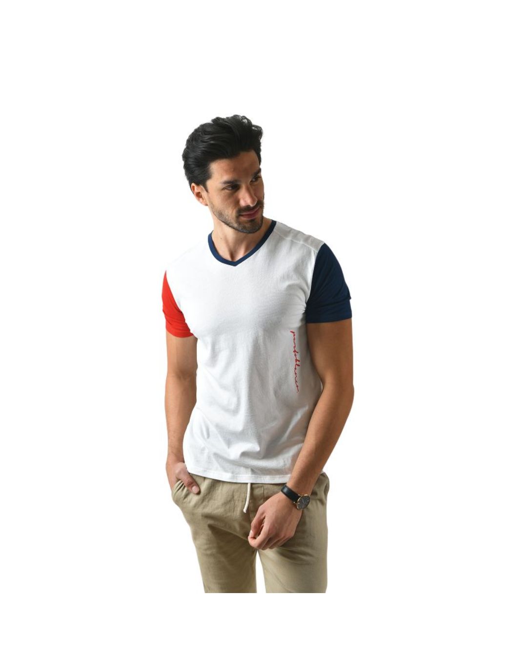 Men's Patchwork Short Sleeve V-Neck T-Shirt White Blue & Red