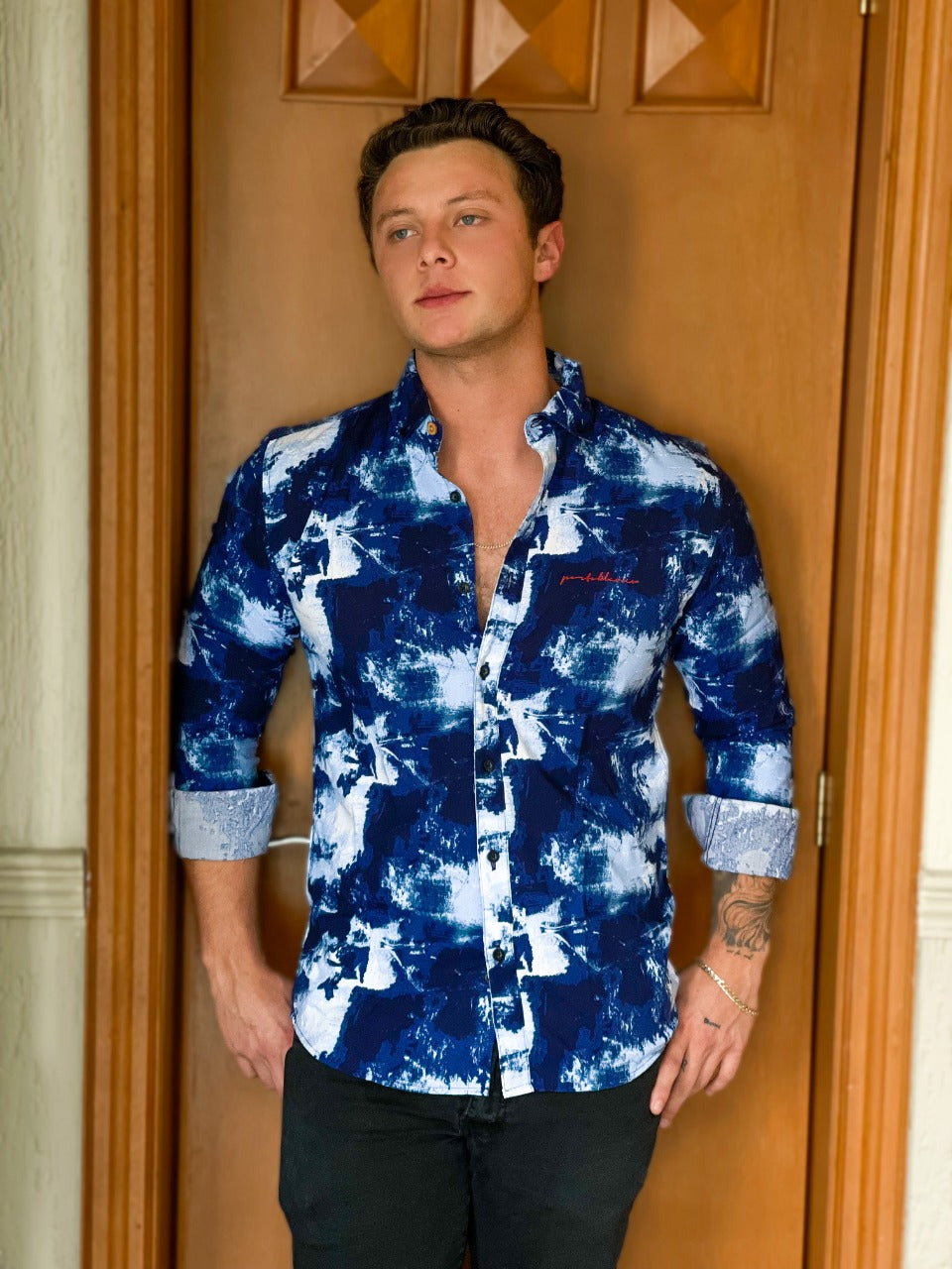 Men's Print Long Sleeve Classic Button Down Shirt Blue & White | Porto Blanco